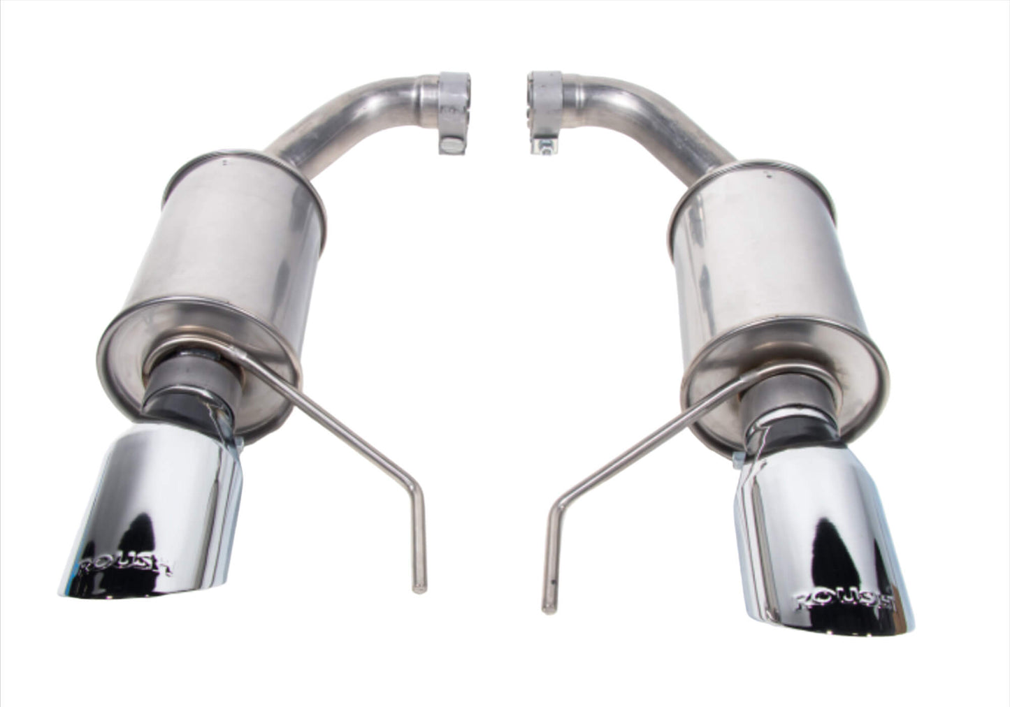 Two stainless steel axle-back exhaust systems featuring polished mufflers and tailpipes, each with two attached brackets. Perfect for upgrading your Mustang GT with the renowned quality of Roush Performance.