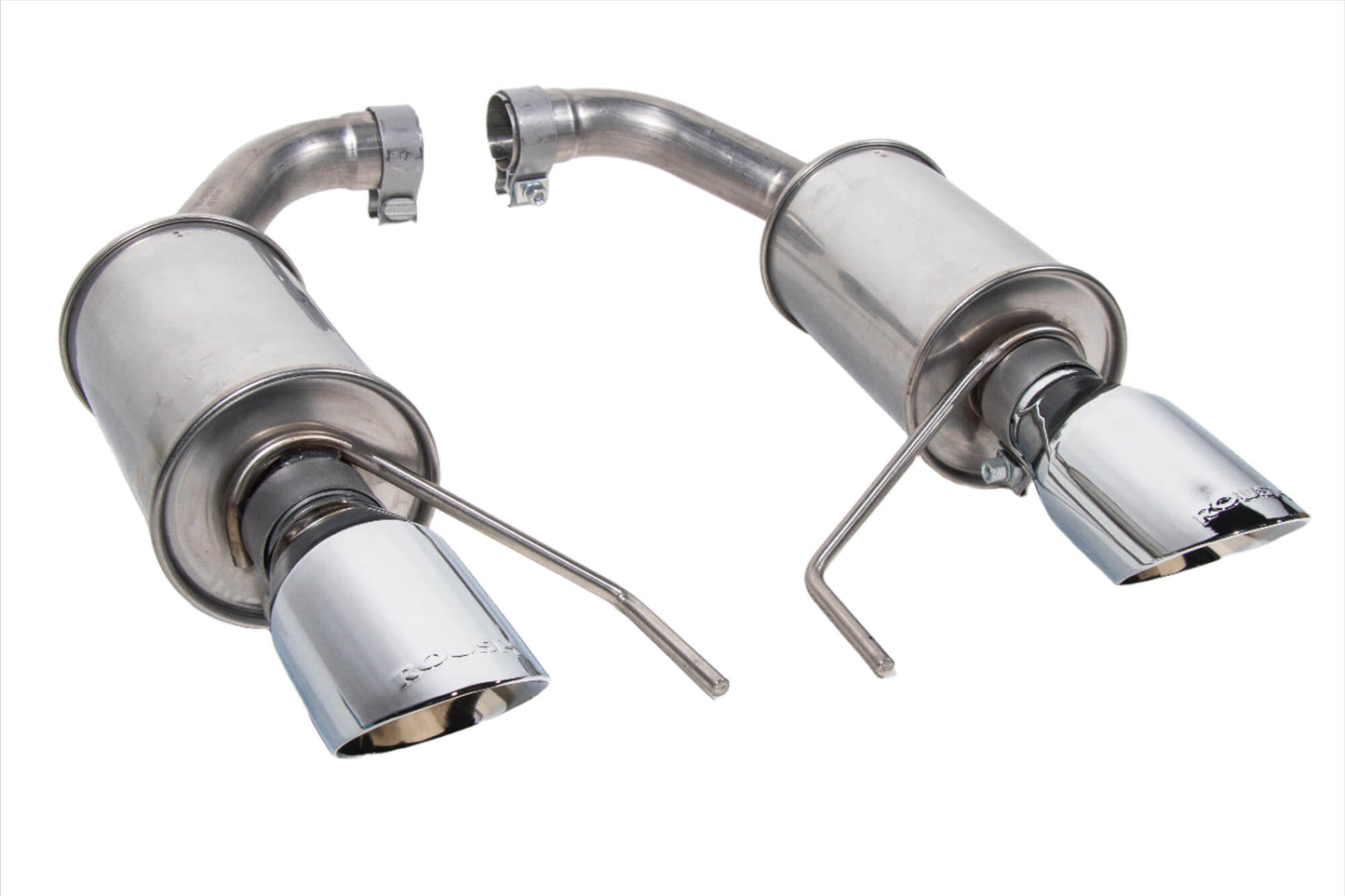 A pair of silver exhaust mufflers with chrome tips, designed for the Mustang GT by Roush Performance, shown against a white background.