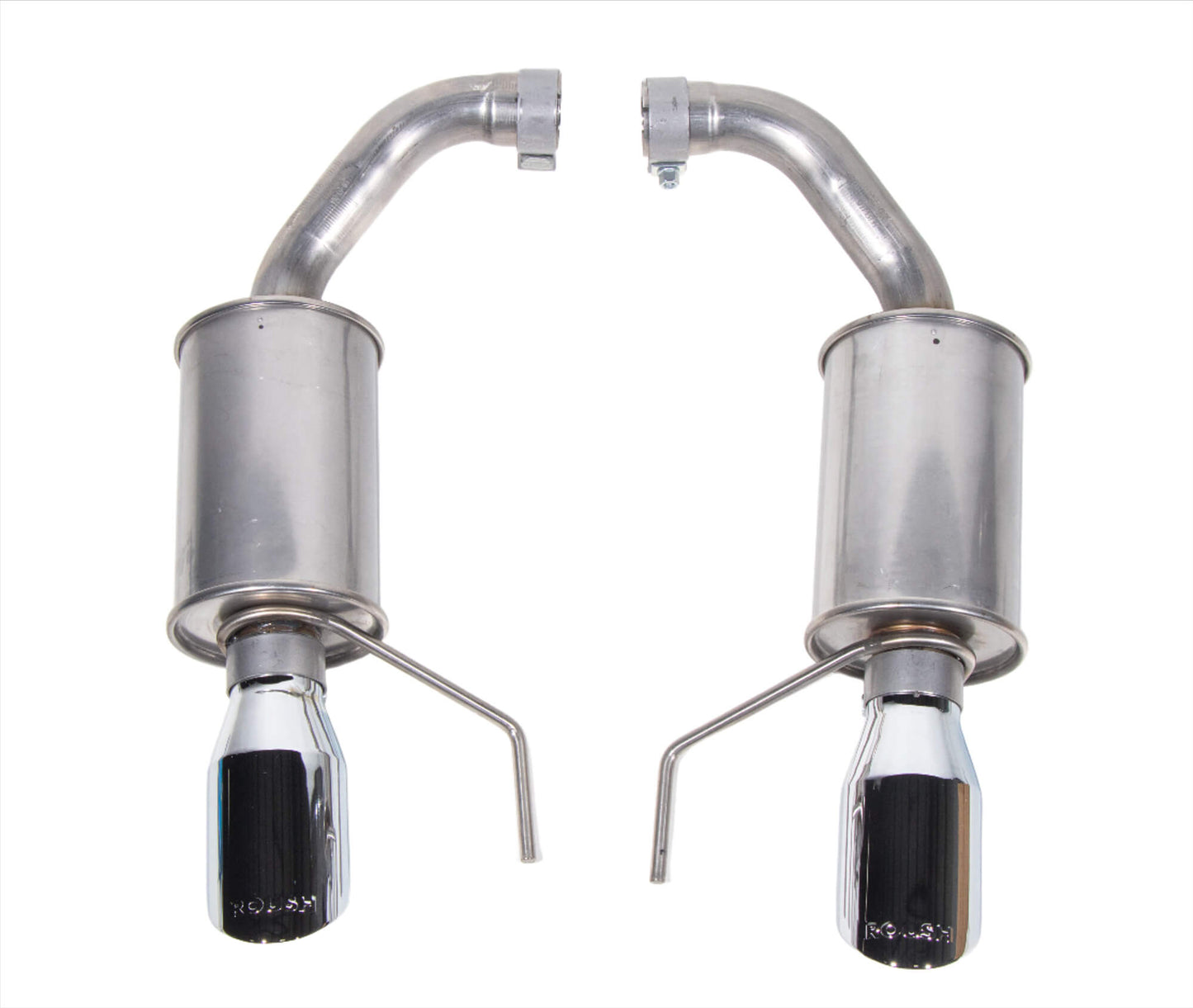 Two stainless steel Mustang GT car mufflers with exhaust pipes and mounting brackets, featuring the Roush Performance Axle Back Exhaust design.