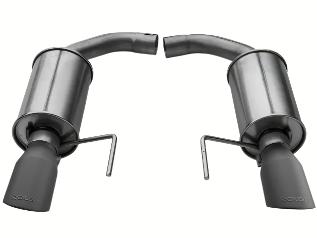 Two stainless steel Mustang Exhaust System mufflers with bent pipes and large, dark-finished Roush Performance tips are positioned facing each other on a white background.