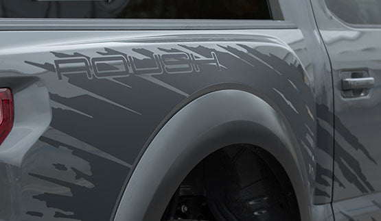 Close-up of a gray vehicle featuring stylized "Roush" text and graphics, showcasing its ROUSH Raptor heritage and off-road racing capabilities.