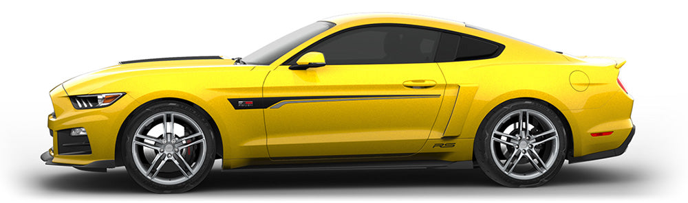Yellow sports car with aggressive styling and black accents, featuring a powerful V6 engine. This ROUSH Mustang RS is showcased in a striking side view on a white background.