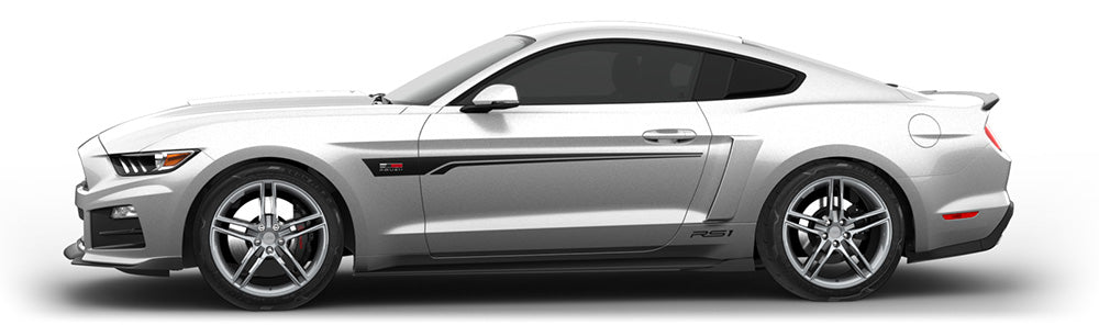 A silver ROUSH Mustang with black racing stripes on the side, showcasing its turbocharged engine prowess, is parked on a white background, viewed from the side.