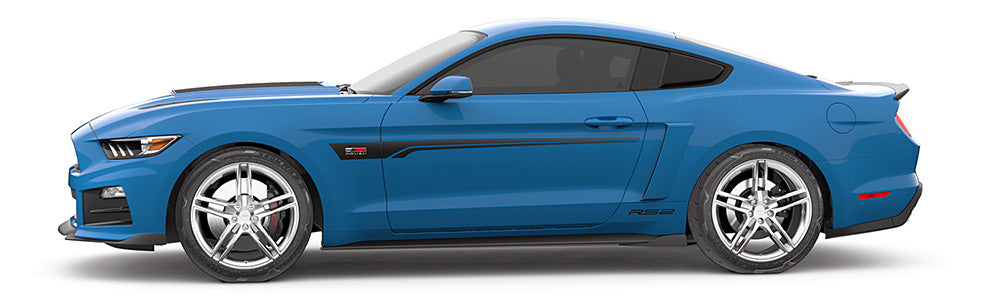 Side view of a blue ROUSH Stage 2 Mustang sports car with silver alloy wheels, race-inspired styling, and a black stripe along the side.