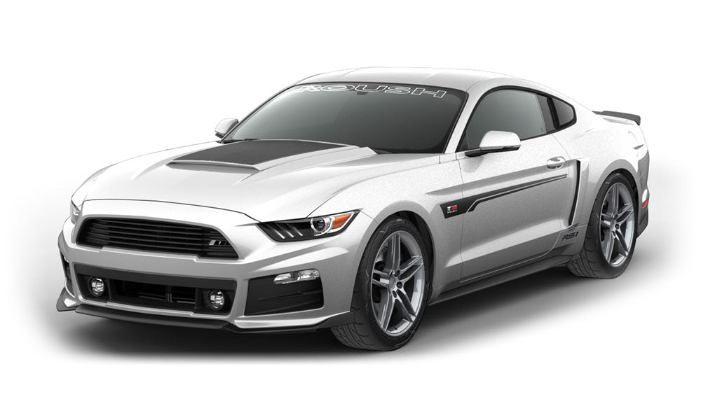 The ROUSH Mustang sports car boasts a turbocharged engine, black accents, and Roush branding. Its sleek design and large alloy wheels make it a standout feature of the Stage 1 series.