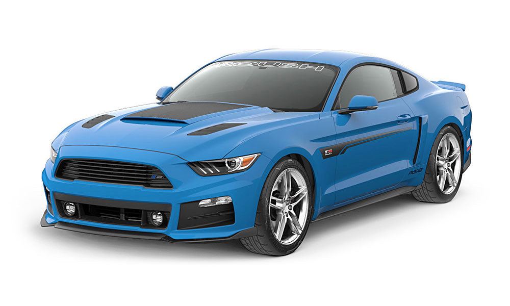 A blue sports car with race-inspired styling and black accents, featuring a sleek design, prominent grille, and shiny alloy wheels. This ROUSH Stage 2 Mustang is parked on a white background with its powerful 5.0L V8 engine hinting at thrilling performance.