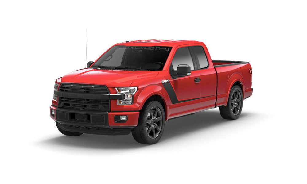 A ROUSH F-150 Nitemare, known as the fastest factory street truck, boasts red paint with black decals against a pristine white background. Its bold black front grille and sleek dark alloy wheels hint at the power beneath its hood—a thrilling 600 horsepower.