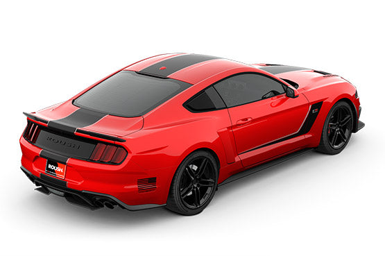 Rear view of a red sports car with black racing stripes, featuring a ROUSH Stage 3 supercharger.