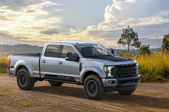 The ROUSH Super Duty silver pickup truck is parked majestically on a dirt road, bordered by grassy fields under a cloudy sky, showcasing the power and presence of a Turbo Diesel V8.