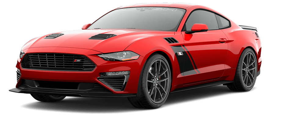 A red sports car with black racing stripes, sleek body design, and black alloy wheels sits on a white background. Equipped with a ROUSH Stage 3 supercharger, its performance is as striking as its appearance.