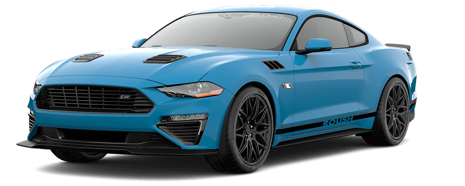 A high-performance blue sports car with black accents and signature ROUSH styling, featuring hood vents and dark alloy wheels, viewed from a striking front-side angle.