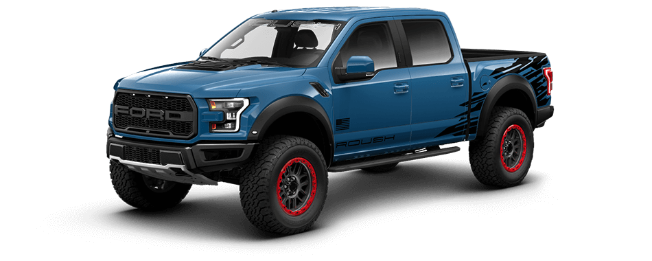 A blue ROUSH Raptor pickup truck with red-rimmed wheels and a "FORD" front grille proudly displays its "ROUSH" logo on the side, embodying both performance truck prowess and off-road capable spirit, as it’s viewed at an angle.