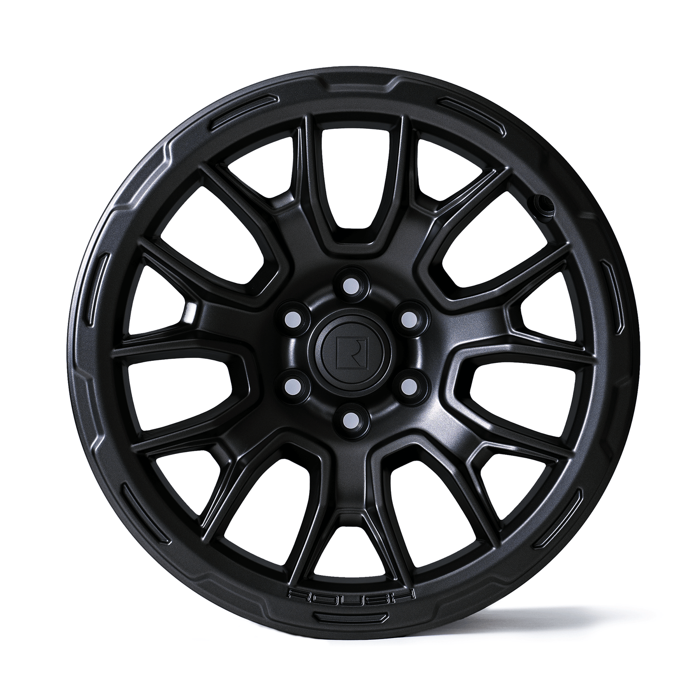 A sleek, Roush F-150 wheel, this 20-inch matte black car rim features a multi-spoke design that stands out crisply against a white background.