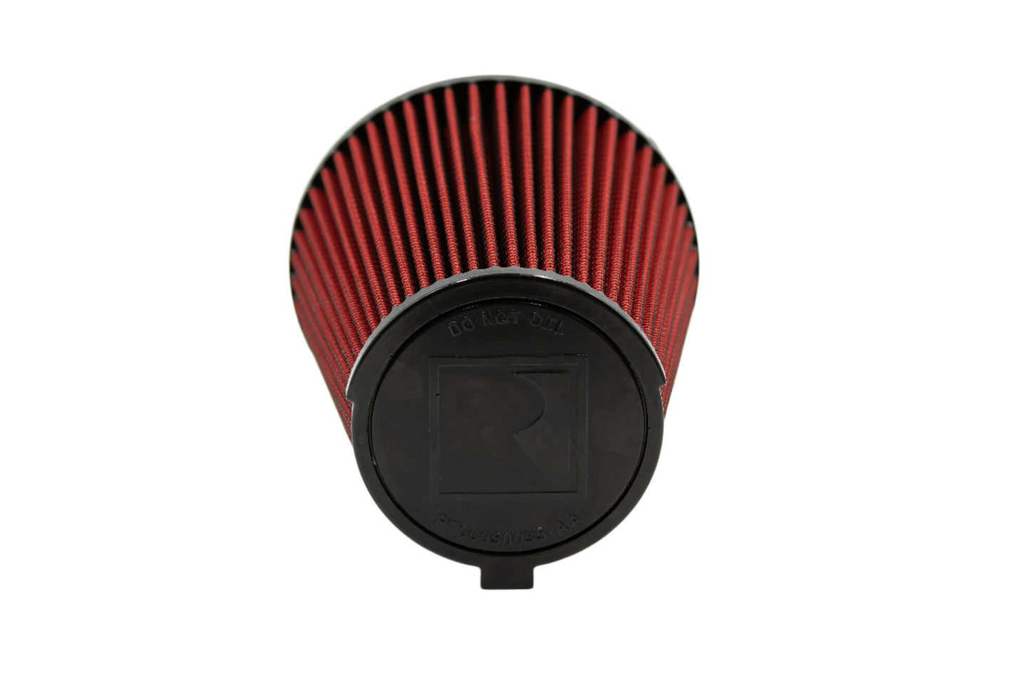 Behold the Roush Performance Air Intake: a red cylindrical air filter with a black base showcasing an embossed "R" logo. Ideal for the Mustang 5.0L V8, it promises increased performance, viewed head-on in all its engineered glory.