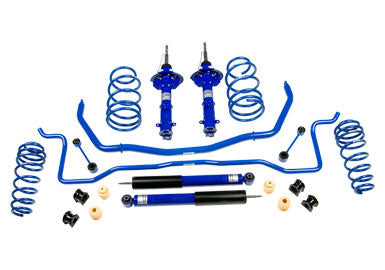 Various Roush Performance Products, Inc. 2005-2010 Mustang Suspension Kit 4.6L V8 parts including springs, shock absorbers, and stabilizer bars, arranged neatly against a white background.