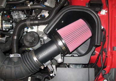 The engine bay showcases a Mustang cold air intake system with a striking pink cone filter, black tubing, and Roush Performance touches.