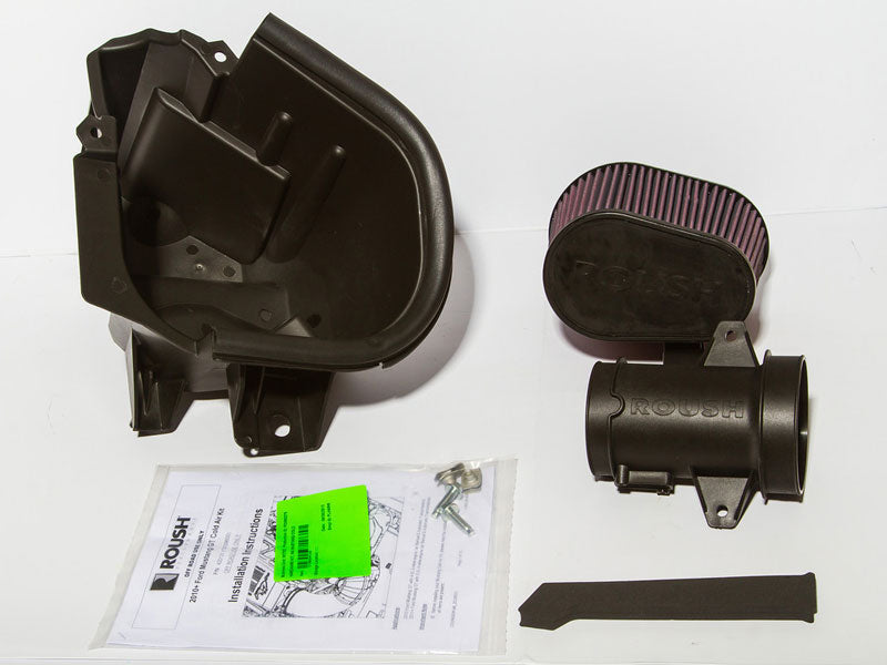 The Roush Performance cold air intake kit for Mustang includes a premium synthetic air filter, air box, installation hardware, and instructions, all showcased on a sleek white background.