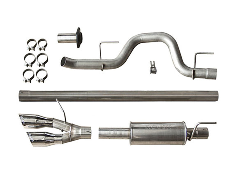 A disassembled stainless steel F-150 exhaust system with pipes, clamps, and muffler components neatly arranged on a white background.