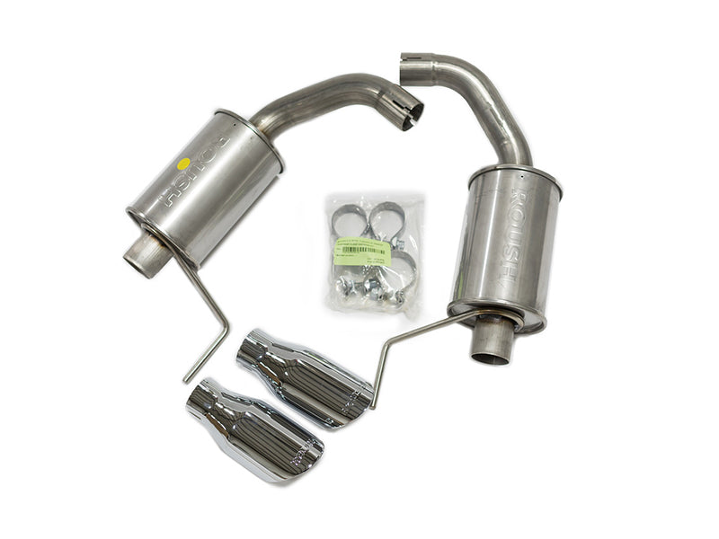 Car exhaust system components, featuring high-flow mufflers and two exhaust tips, along with a bag of clamps and screws, perfectly arranged on a white background. Ideal for those enhancing performance, like with the V6 3.7L & 2.3L EcoBoost setups in Roush Mustang Exhaust systems.