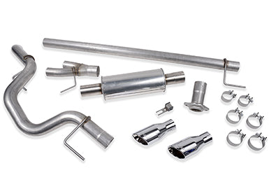 A set of F-150 exhaust system components, including pipes, clamps, and tips made from durable stainless steel, arranged on a white surface.