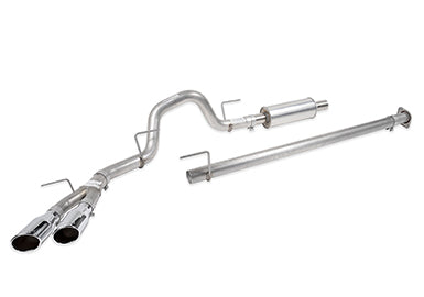 A rugged F-150 exhaust system featuring a stainless steel car exhaust with dual tailpipes, multiple bends, and a straight Roush Cat-Back Exhaust pipe section.