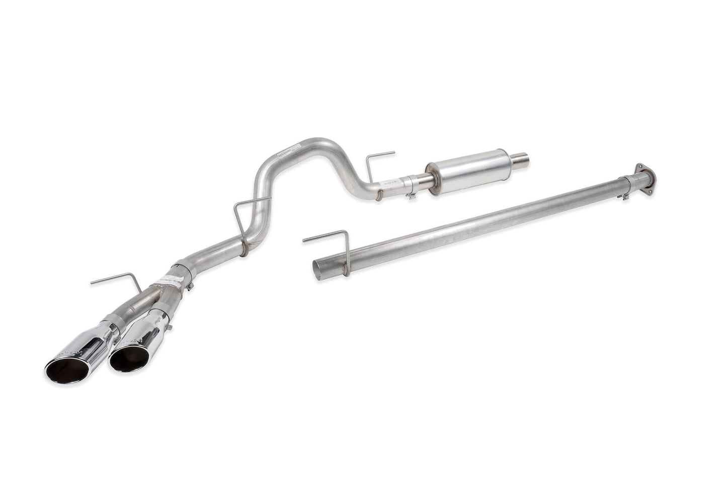Chrome exhaust system with dual tailpipes, high-grade 304 stainless steel clamps, and a silencer laid out on a white background. Perfect fit for the 2021-2024 Ford F-150, this Roush F-150 Cat-Back Performance Exhaust Kit ensures both durability and style.