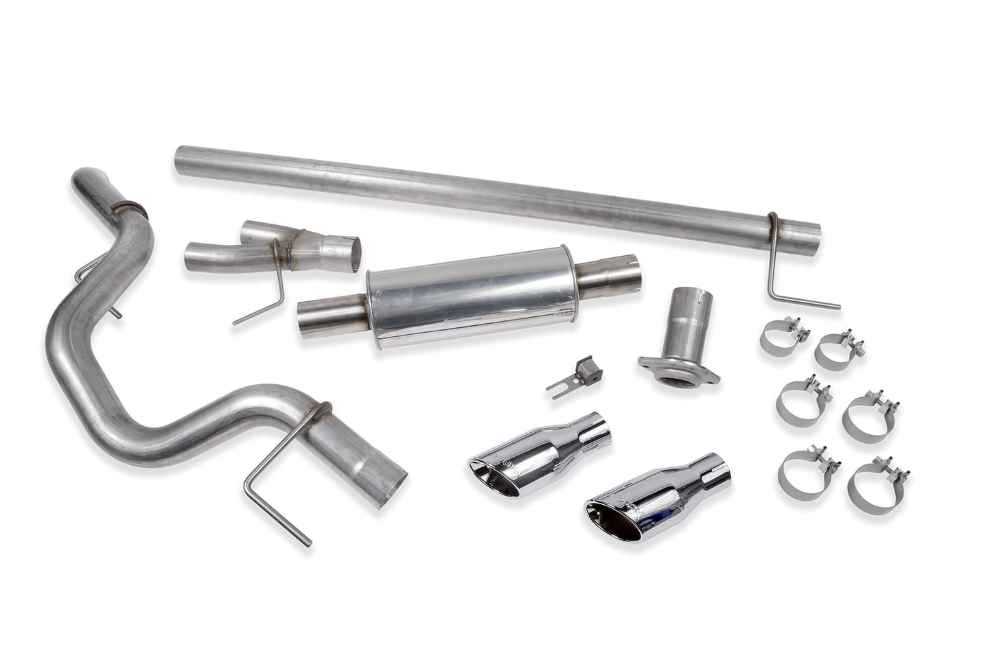 A disassembled car exhaust system, including pipes, muffler, clamps, and chrome exhaust tips made from high-grade 304 stainless steel, positioned on a white surface. This is the Roush F-150 Cat-Back Performance Exhaust Kit designed for the 2021-2024 Ford F-150.