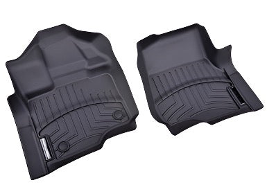 Two black rubber car floor mats, laser-molded for precision, featuring textured patterns tailored for the driver and passenger sides, offering ultimate F-150 interior protection.