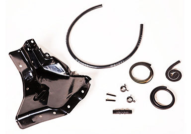 Black metal bracket with multiple holes, several black hoses, two metal clamps, two screws, and a small connector—ideal for a Mustang GT 5.0L-V8 RHD Supercharger Kit—arranged on a white background.