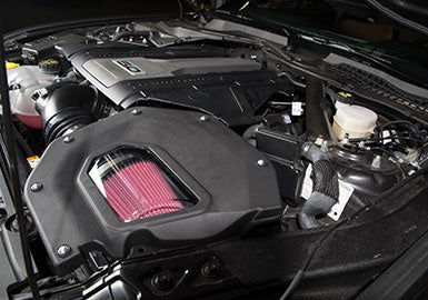 Close-up of a Mustang 5.0L engine bay featuring a performance Cold Air Kit with a visible red filter and various engine components.