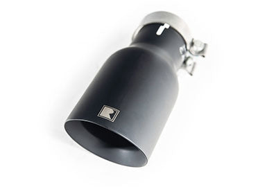 A matte black exhaust tip featuring a metal clamp and a small square logo complements the ROUSH Exhaust Kit, enhancing your performance truck exhaust system.