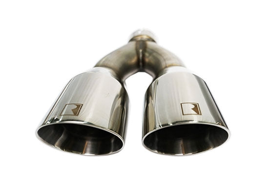 Close-up view of a polished dual exhaust tip made from 304 stainless steel, featuring a split design and engraved logos on each tip—part of the premium ROUSH Exhaust Kit for Ford Ranger.