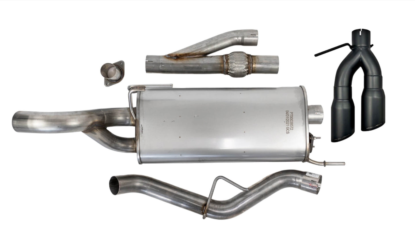 A disassembled Roush F-150 Exhaust system featuring pipes, a muffler, and sleek black exhaust tips sits on a white background, ready to complement the power of your 5.0L V8 Engine.