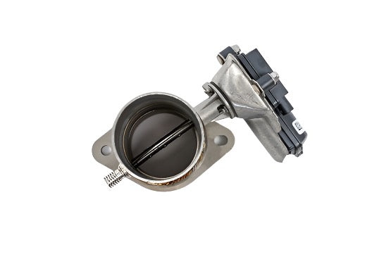 A metal throttle body with an electronic control unit, featuring an open air valve and mounting bracket, complements the Ford F-150 5.0L V8 exhaust system on a white background.