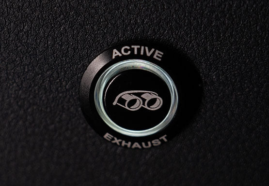 Close-up of a button labeled "Active Exhaust" on a textured surface, perfect for a Roush F-150 Active Exhaust upgrade.