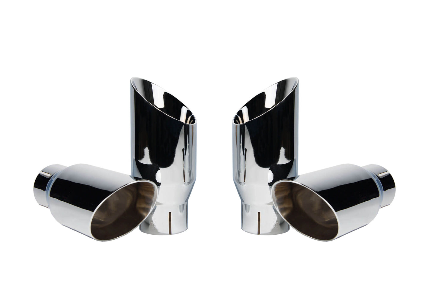 Two pairs of shiny, chrome-plated car exhaust tips, part of the Roush Performance Axle-Back Exhaust System for the 2018-2023 Mustang GT, are shown against a plain white background.