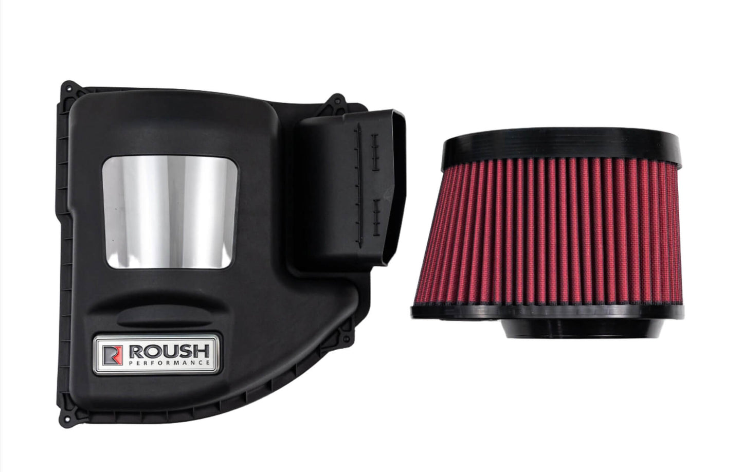 Air intake system components with a black plastic housing labeled "Roush Performance" and a red cylindrical air filter, perfect for enhancing the off-road racing experience of your Ford Bronco.