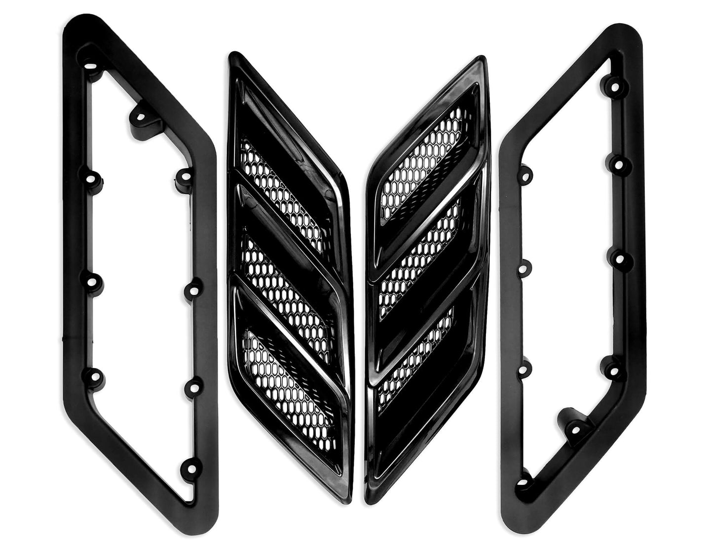 Black and silver car grille with a modern, sleek design, shown disassembled into four separate sections, reminiscent of the Roush Mustang's detailed engineering.