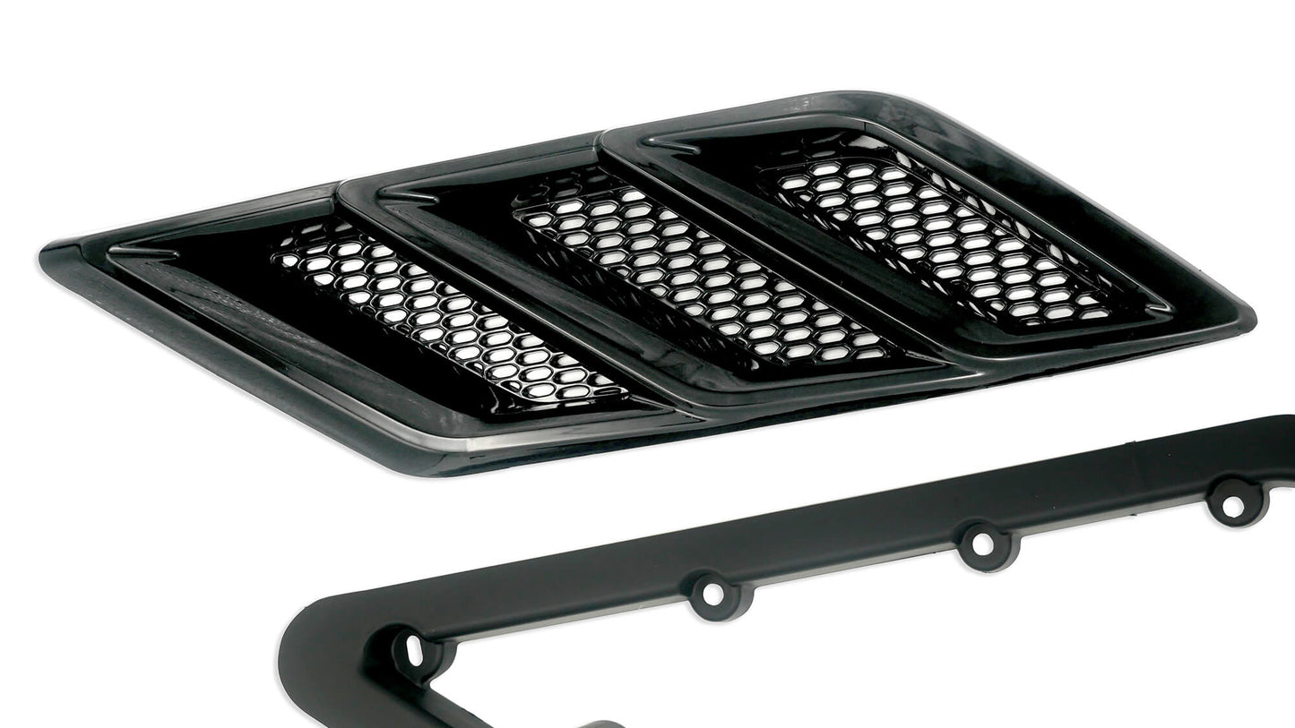 Close-up of a black car vent with three mesh-covered slats, part of the sleek black plastic frame below, featuring Roush Mustang Fender Vent Heat Extractors designed for optimal thermal efficiency.