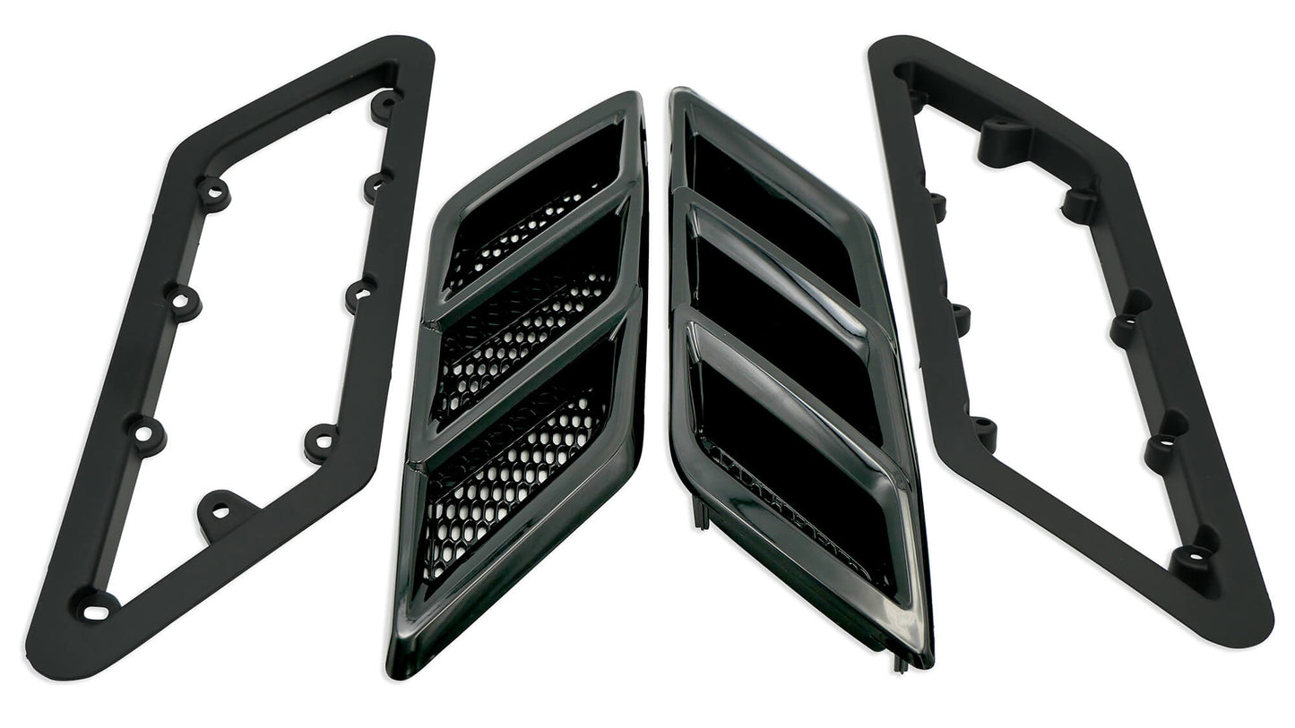 A set of four black Roush Mustang car vent trims, featuring two outer frames with bolt holes and two inner mesh-patterned vents for improved thermal efficiency.