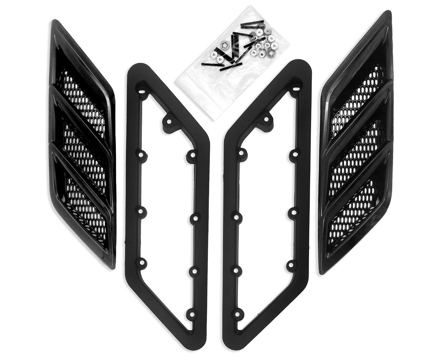 A set of black automotive grille inserts with hexagonal patterns, designed for the Roush Mustang, accompanied by screws and washers in a small plastic bag, arranged on a white background.