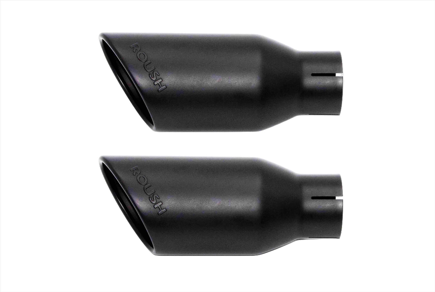The sleek Roush Exhaust Kit features two black exhaust tips against a pristine white background, offering the perfect F-150 Upgrade for an effortlessly stylish look.