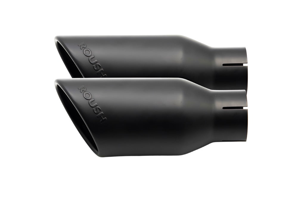 Two black exhaust tips, side by side, each featuring the word "ROUSH" embossed on the surface, make a perfect addition to your F-150 upgrade.