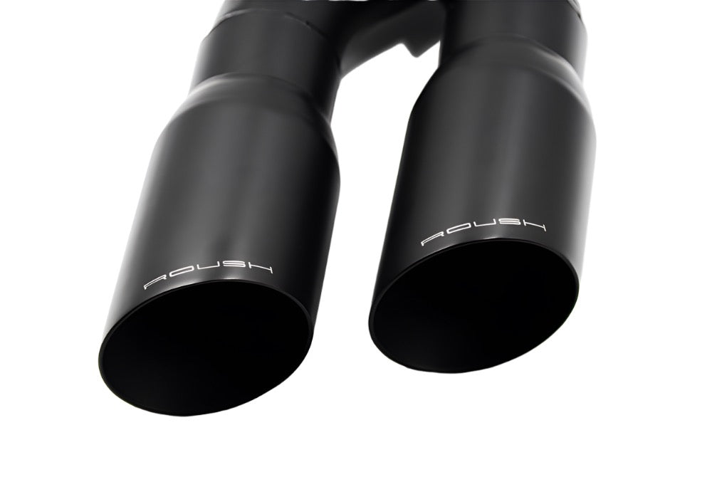 Black dual exhaust tips with "Roush" branding, featuring a sleek matte finish, are the perfect addition to your F-150's style and performance. This Black Y-Tip Kit ensures a bold and refined appearance.