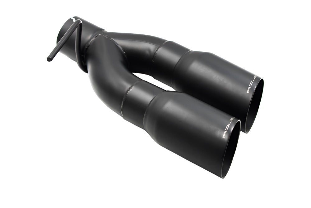 A sleek black dual exhaust pipe with a Y-shaped design, reminiscent of a Black Y-Tip Kit, stands out against the crisp white background.