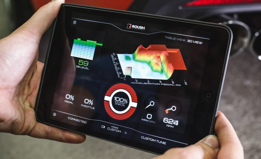 The tablet displays a 3D car performance data graph, showcasing pedal position, throttle, RPM, and oil level for the ROUSH F-150 SC. Hands are holding the tablet, reflecting the enhanced power of its supercharger and performance exhaust system.