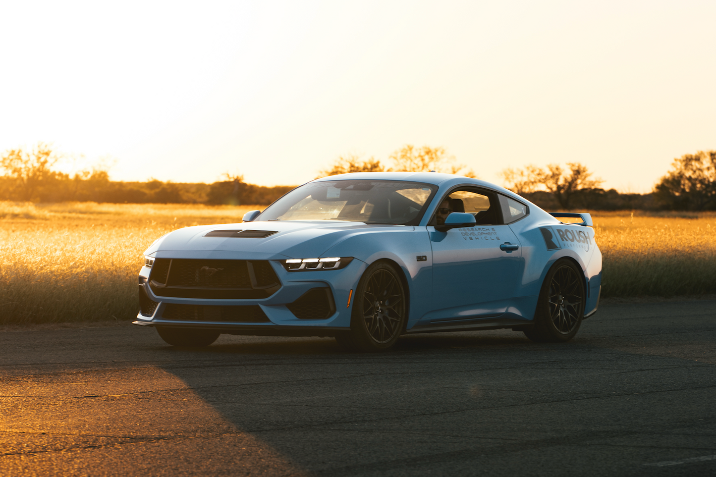The Roush Mustang, featuring optimized spring rates, is a striking blue sports car parked on the road, its silhouette bold against the glow of a sunset-lit open field.