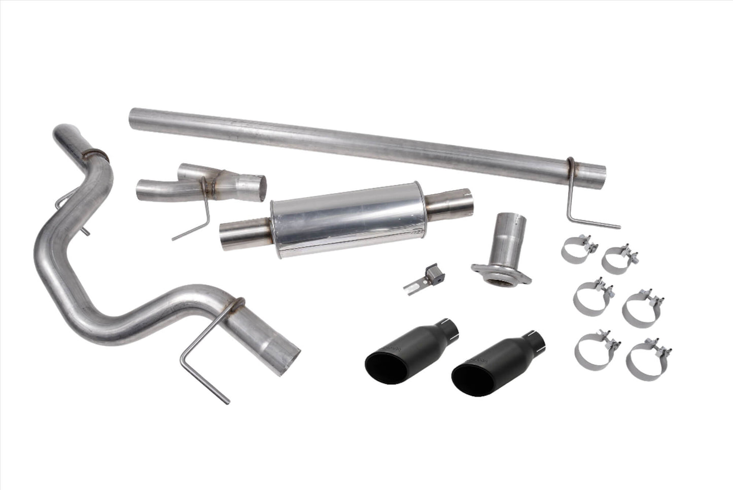 The Roush F-150 Exhaust system, designed for the 5.0L V8 Engine, features multiple metal pipes, clamps, and attachments displayed on a pristine white background. This Cat Back Exhaust enhances performance while maintaining a sleek appearance.