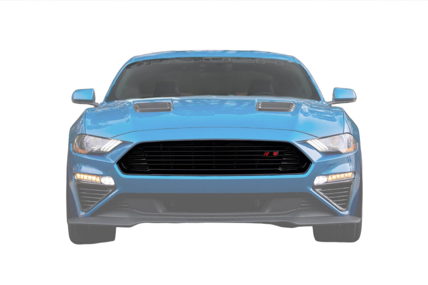 Front view of a blue sports car with a black grille and twin air vents on the hood. The headlights and the lower grille area, featuring a Mustang front grille with high gloss black finish, are also visible.