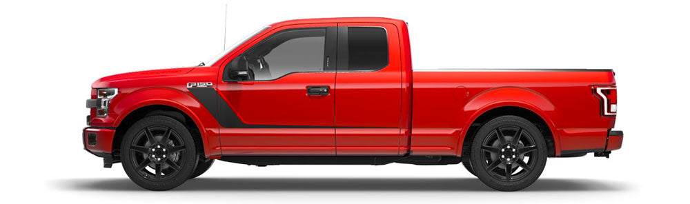 Side view of the ROUSH F-150 Nitemare, a red pickup truck with black accented wheels and detailing, boasting 600 horsepower as the fastest factory street truck.